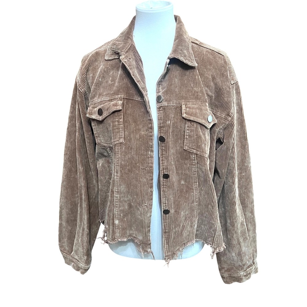 POL Brown Corduroy Grunge Distressed Raw Hem Button Front Jacket Womens Large